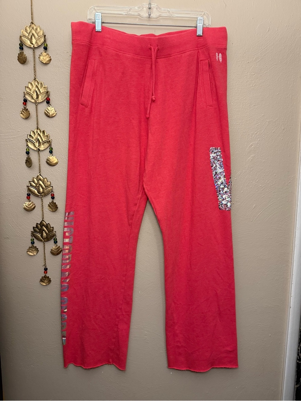 Victoria's Secret 2015 Pink Sequin Logo Wide Leg Drawstring sweatpants Size L